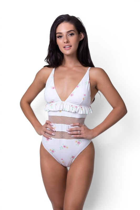 The Secret Garden — Floral Ruffle Mesh One-Piece