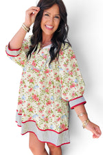 The Provence Garden — Floral & Stripe Trim Puff Sleeve Dress