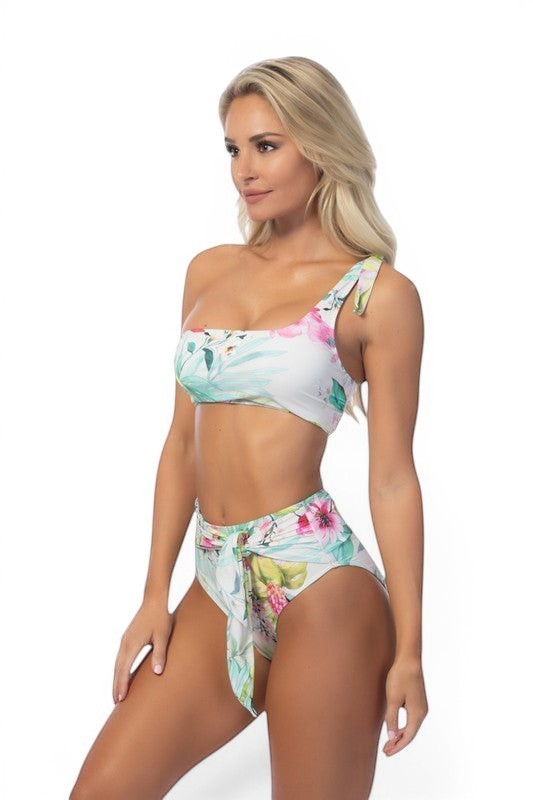 The Island Soul — One-Shoulder Tropical High-Waist Bikini Set