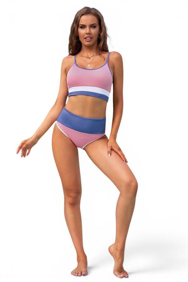 The Riviera Muse — Colorblock Ribbed High-Waist Bikini Set