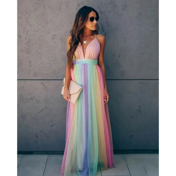 The Rainbow Ethereal — Deep V-Neck Mesh Maxi Dress