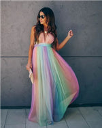 The Rainbow Ethereal — Deep V-Neck Mesh Maxi Dress