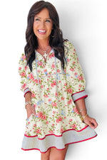 The Provence Garden — Floral & Stripe Trim Puff Sleeve Dress