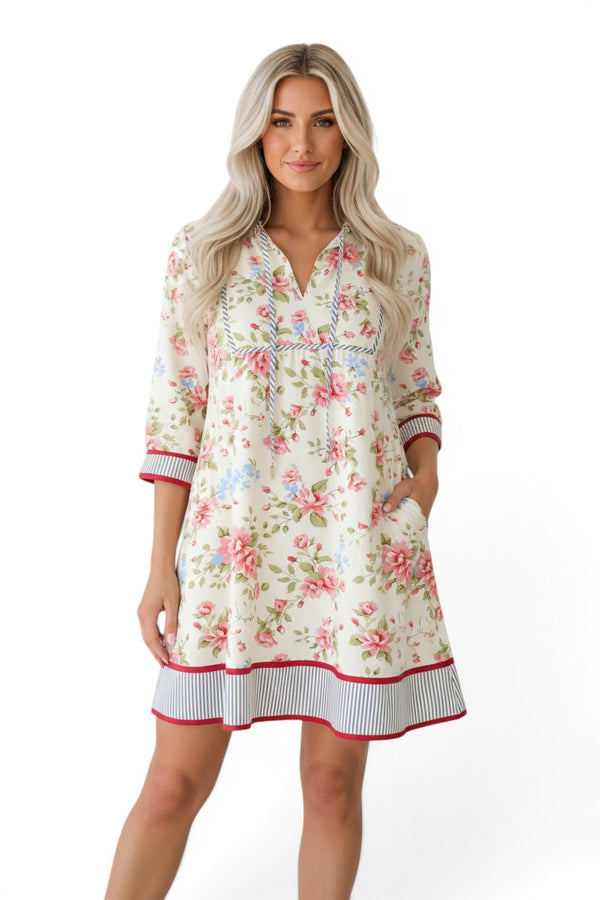 The Provence Garden — Floral & Stripe Trim Puff Sleeve Dress