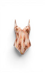 Women in Lov3 Azure Abstract one-piece swimsuit with underwire cups and abstract print in peach, brown, and yellow.